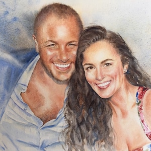 May include: A watercolour painting of a couple, a man and a woman, smiling at the camera. The man is wearing a light blue shirt and the woman is wearing a red and white floral dress.