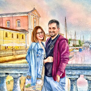 May include: A watercolour painting of a couple standing on a bridge. The woman is wearing a blue denim jacket, a white dress, and glasses. The man is wearing a maroon jacket, a black shirt, and blue shorts. The background features a building with a pink facade and a blue sky.