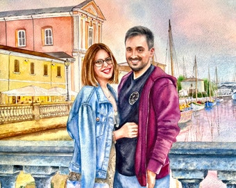 Custom couple's portrait/Engagement portrait/Commission couple's watercolor painting from photo