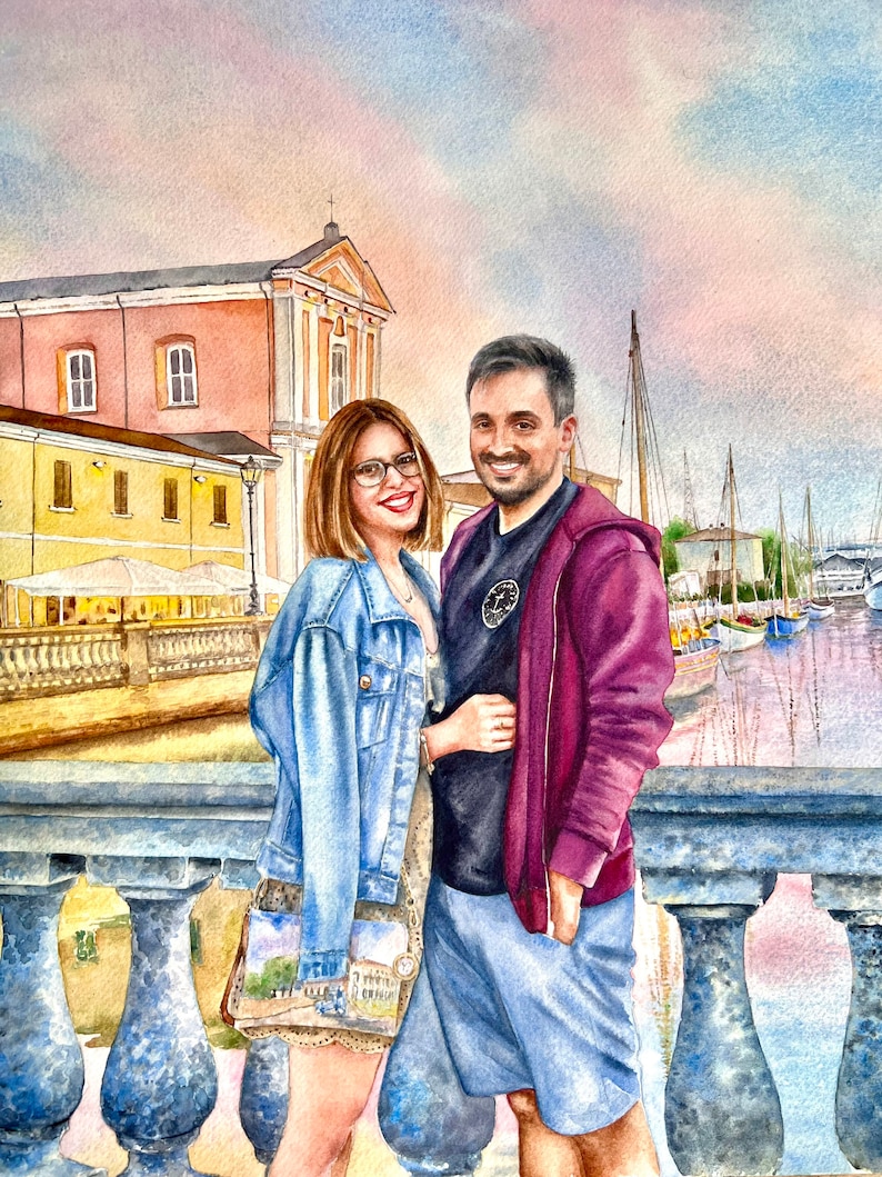 May include: A watercolour painting of a couple standing on a bridge. The woman is wearing a blue denim jacket, a white dress, and glasses. The man is wearing a maroon jacket, a black shirt, and blue shorts. The background features a building with a pink facade and a blue sky.