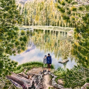 May include: A watercolor painting of two people standing on a path near a lake in a forest. The lake is surrounded by trees and mountains. The sky is blue and there are clouds in the sky.
