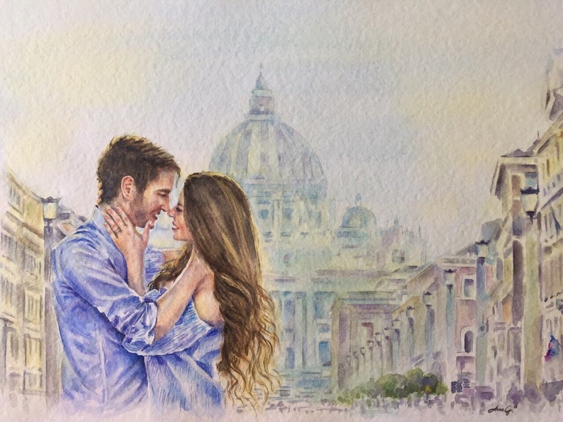 Personalized Couple Portrait Painting | Custom Anniversary, Honeymoon or Engagement Gift | Handpainted Watercolor from Photo image 12