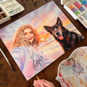 Custom Watercolor Portrait of Two People | Personalized Couple, Parent & Child, or Pet Owner Gift | Handpainted Art from Photo image 4