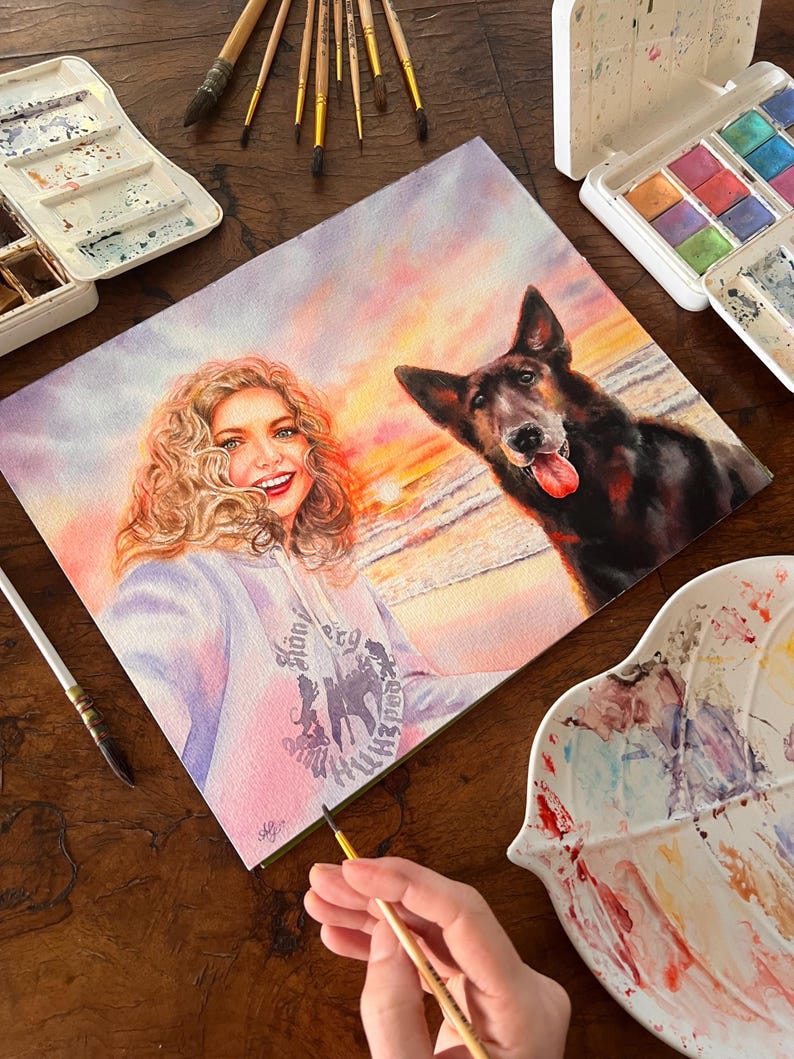 Custom Watercolor Portrait of Two People | Personalized Couple, Parent & Child, or Pet Owner Gift | Handpainted Art from Photo image 4