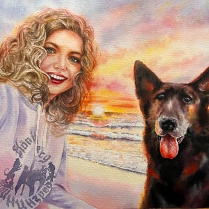 May include: A watercolor painting of a woman with curly blonde hair and a dog. The woman is wearing a light purple hoodie with a graphic of a dog on it. The dog is a black and brown German Shepherd. The background is a sunset over the ocean.