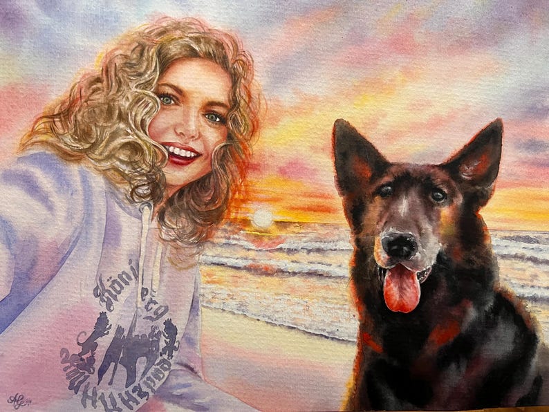 May include: A watercolor painting of a woman with curly blonde hair and a dog. The woman is wearing a light purple hoodie with a graphic of a dog on it. The dog is a black and brown German Shepherd. The background is a sunset over the ocean.