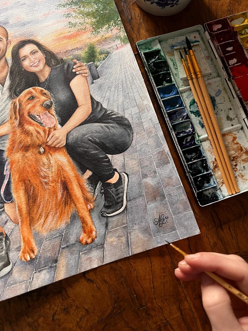 Custom Watercolor Portrait of Two People | Personalized Couple, Parent & Child, or Pet Owner Gift | Handpainted Art from Photo image 19