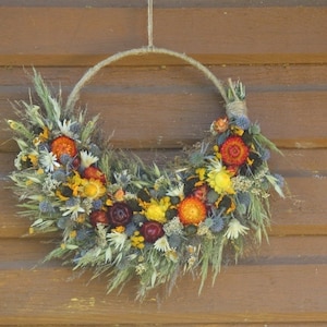 Couronne de fleurs séchées, composition florale rustique, couronne de fleurs séchées naturelles, couronne de porte d&#39;automne, couronne d&#39;automne