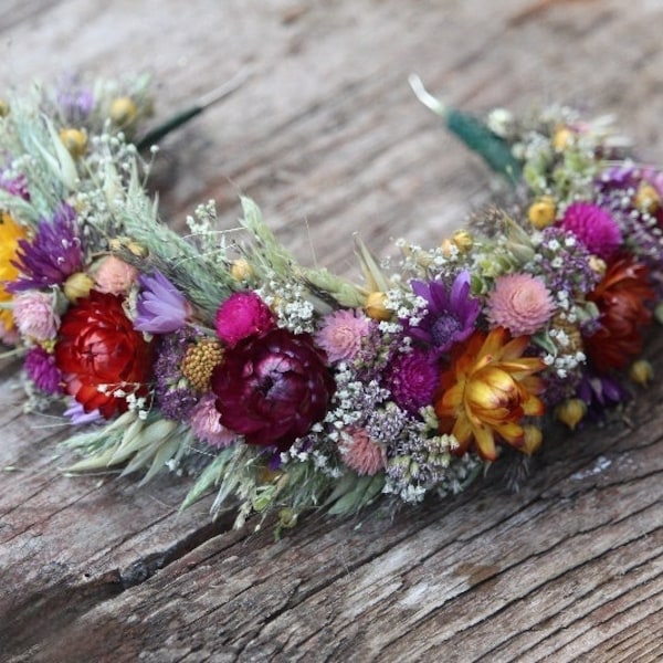 Couronne de fleurs séchées naturelles, serre-tête de fleurs, couronne de fleurs séchées bohème, couvre-chef floral naturel