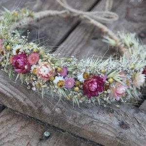 Dried flower crown, floral head wreath, rustic hair wreath, bridal flower crown, pink flower wreath,