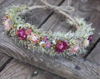 Dried flower crown, floral head wreath, rustic hair wreath, bridal flower crown, pink flower wreath, spring wreath