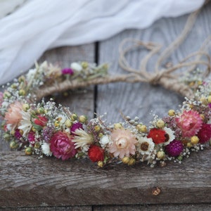 Dried flower crown, floral head wreath, rustic hair wreath, bridal flower crown, pink flower wreath, spring wreath