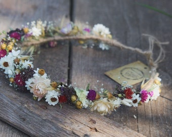 Corona di fiori secchi, corona di capelli, corona di fiori secchi Boho, pace floreale naturale, corona di teste di fiori