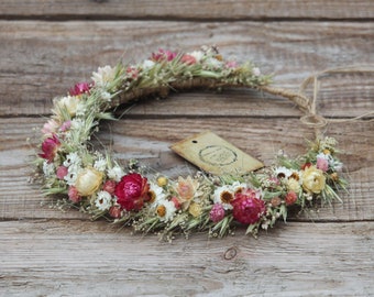 Dried flower crown, pink flower wreath, floral head wreath, rustic hair wreath, bridal crown, pink flower crown