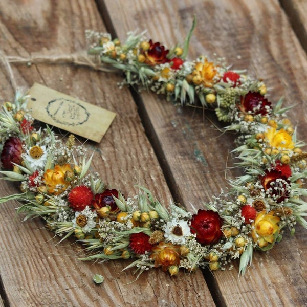 Rustic dried flower crown, flower hair wreath, bridal hair wreath, Christmas head wreath, everlasting flower wreath