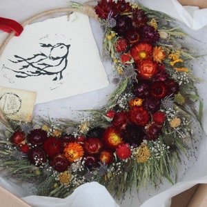 Couronne de fleurs séchées, composition florale rustique, couronne de fleurs séchées naturelles, couronne de porte