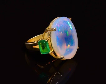 Top Quality Ethiopian Opal Oval Cushion 29 Ct 1 Piece 2 Pcs Colombian Emerald 6x8mm 18 Ct Gold Ring 12 Gram Handmade Jewellery Size 8 usa