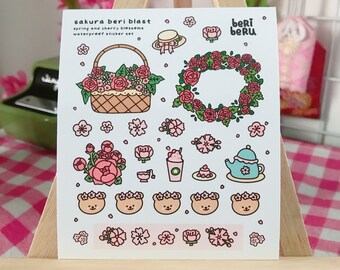 Sakura Beri Blast Cherry Blossom Spring Sticker Sheet | Diary Bujo Polcos Mini Deco Sticker, Pink Flower Journaling Sticker