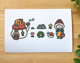 Garden Mushroom Art Print, Cute Artprint, Kawaii Wall Print, Elf Gnome Postcard, Forest Greeting Card Wall Decor, Girl Mushroom Frog Print