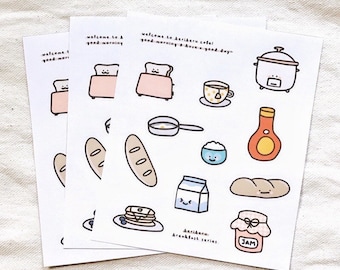 Kawaii Breakfast Planner Stickers, Bread Illustration Sticker Set, Cute Journaling Stickers