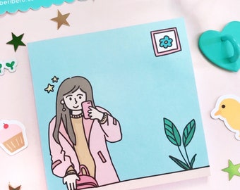 50 sheets Cute Sticky Note, Illustrated Kawaii Notepad, Blue To Do Planner Pad, Kawaii Girl Cartoon Stationery, Selfie Memo Post-It