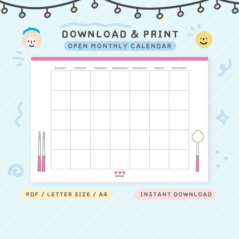 Cute Printable A4 Calendar Downloadable Monthly Planner - Etsy