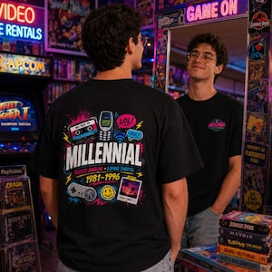May include: A black t-shirt featuring a graphic print on the back with the text MILLENNIAL, RAISED ANALOG, LIVING DIGITAL, 1981-1996, MIX TAPE 94, LOL, ASL, and GOOD TIMES. The design includes a cassette tape, mobile phone, game controller, and smiley face.