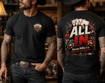 T-shirt Poker All In uomo, maglietta Texas Hold’em con doppia stampa fronte retro, tanti colori taglia dalla S alla 4 XL