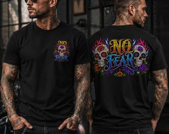 T-shirt No Fear Unisex Fronte Retro, Maglietta Nera Biker con Teschi Messicani Sugar Skull, Tattoo Rock, Stampa Colorata M L XL 2 XL 3XL 4XL