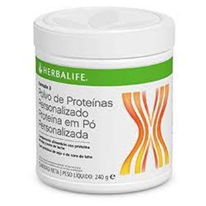 May include: A white cylindrical plastic container of Herbalife Formula 3 Personalized Protein Powder. The label features a green band, text in Spanish and Portuguese, and an orange and yellow abstract X-shaped graphic. Net weight is 240 g.