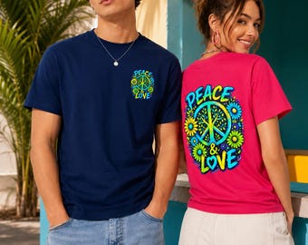 T-shirt Unisex Peace & Love Fronte Retro Maglietta Blu Navy o Sorbet con Stampa Fluo Hippie Fiori Margherite Simbolo Pace Streetwear Estivo