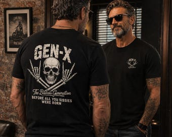 T-shirt Gen X con teschio e stampa fronte retro, maglietta Generation X vintage biker rock, idea regalo uomo donna 1965-1980
