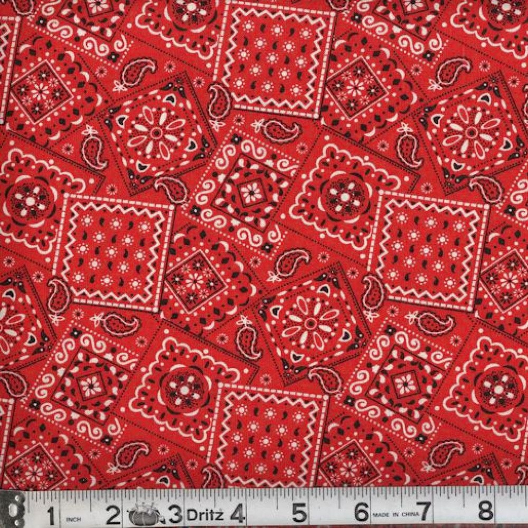 Red Bandana Fabric, Blazin' Bandana by MDG, 28x42 COTTON, Western