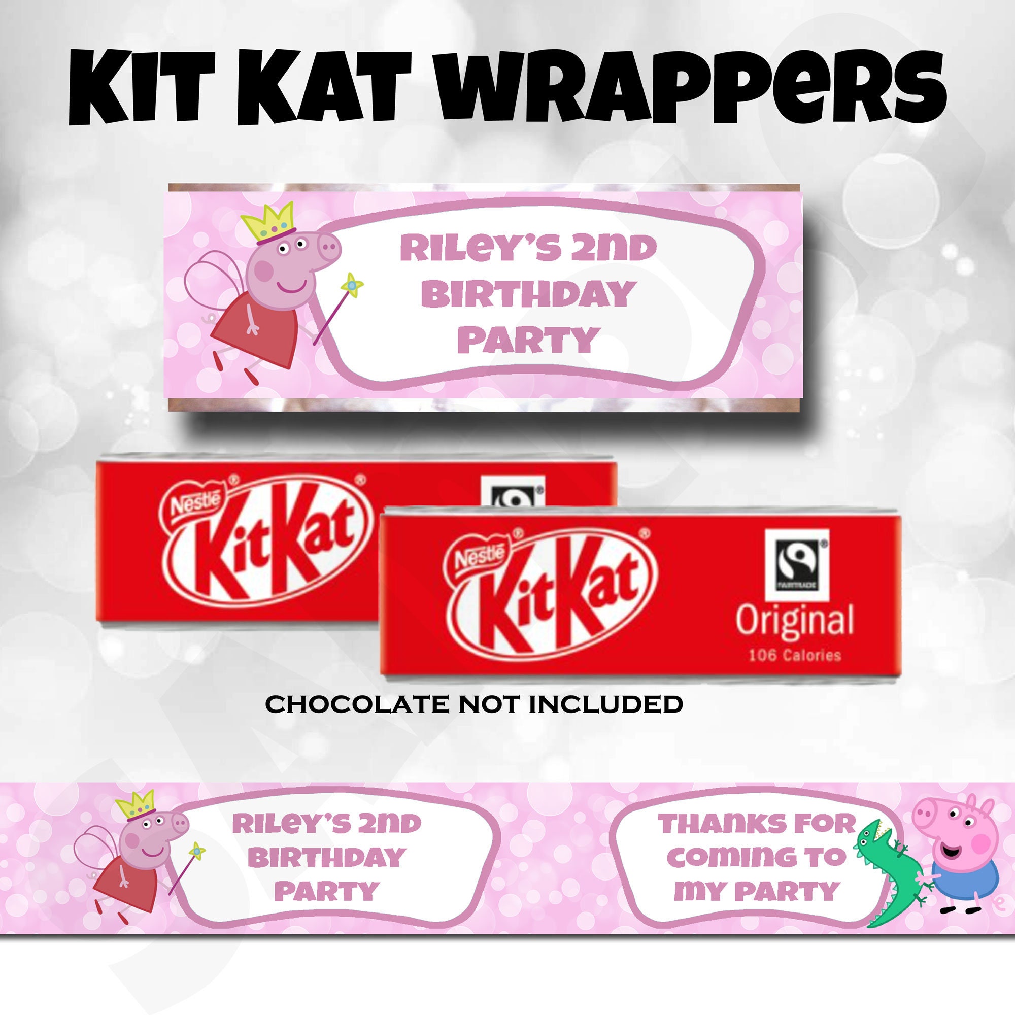 6 PERSONALISED TWO FINGER KIT KAT CHOCOLATE WRAPPERS ONLY IDEAL PARTY GIFT KIDS