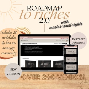 Puede incluir: Una pantalla de ordenador que muestra un sitio web con el título "Roadmap 2.0" y el texto "Bienvenido a tu experiencia Roadmap, Taylor". El sitio web tiene un fondo azul y texto blanco. La pantalla está en un ordenador portátil. También se puede ver un teléfono inteligente en la imagen, que muestra una pantalla con el texto "Beneficios" y "Módulo 4". La imagen tiene un fondo rosa claro con un sol y un diseño abstracto marrón y dorado.