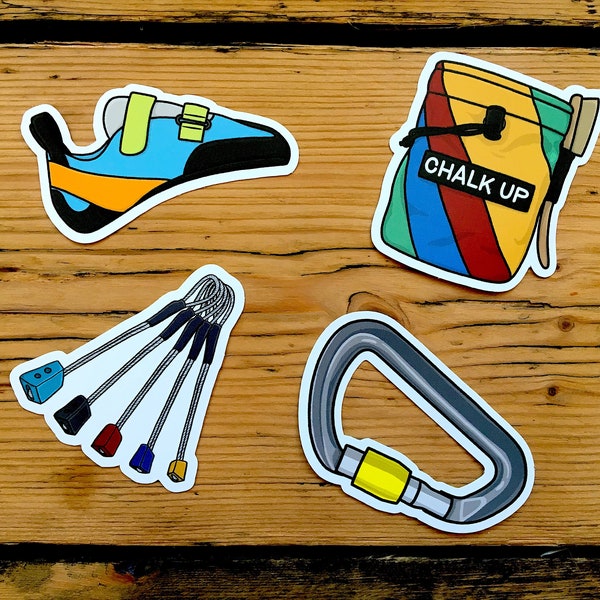 Rock Climbing Vinyl Sticker Set: Climbing Shoe, Chalk Bag, Nuts and Carabiner - Climbing gift