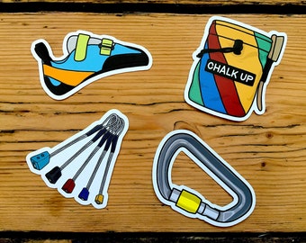 Rock Climbing Vinyl Sticker Set: Klimschoen, Krijtzak, Noten en Karabijnhaak - Klimcadeau