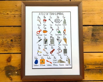 A to Z of Trad Climbing Poster Art Print A4: Alphabet - Climbing gift