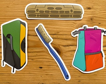 Rock Climbing Vinyl Sticker Set: Bouldering- Brush, Mat, Chalk Bucket and Finger Board - Climbing gift