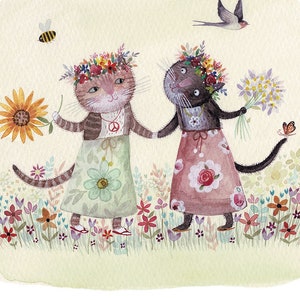 Flower Kittens - Pretty and Bohemian Giclee - Cat Lovers