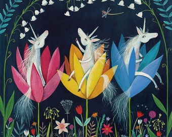 Tulicorns - Giclee Print from Original Artwork - Magical Unicorns - Pretty Spring Flowers