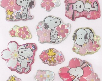 Peanuts Snoopy Sakura Cherry Blossom 3D Glitter Sticker, craft supply, stationery