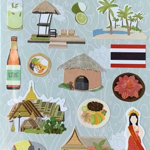 Op de afbeelding: Een vel met reisstickers met Thaise bezienswaardigheden en culturele elementen. Bevat afbeeldingen van tempels, een tuk-tuk, eten, een Thaise vlag en een vrouw in traditionele kleding. De tekst "TRAVEL STICKERS" staat bovenaan.
