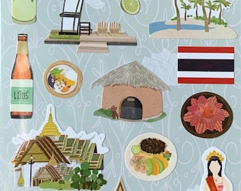 May include: A sheet of travel stickers featuring Thai landmarks and cultural elements. Includes images of temples, a tuk-tuk, food, a Thai flag, and a woman in traditional dress. The words "TRAVEL STICKERS" are at the top.