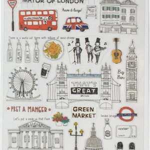 Könnte beinhalten: Ein Bogen mit London-Stickern mit Wahrzeichen wie Big Ben, Tower Bridge und roten Telefonzellen. Enthält Illustrationen eines Doppeldeckerbusses, einer Gitarre und den Text "That's Great Britain."