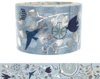 May include: A roll of decorative washi tape with a light blue background. The tape features a repeating pattern of silver foil leaves, birds, and floral designs. The tape is approximately 15mm wide.