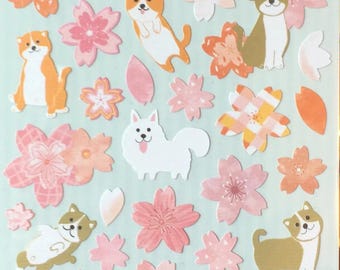 Dog stickers, Akita sticker,dog lover,shiba, cherry blossom,,pink flower sticker, craft supply,gift supply, planner sticker