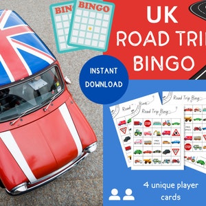 イギリスのロードトリップビンゴ、子供向けカーゲーム、旅、旅行アクティビティ、宝探し