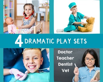 Dramatic Play Saver Bundle x 4 Printables, Pretend Doctor, Hospital, Vet, Dentist, Teacher, Role play, INSTANT DOWNLOAD