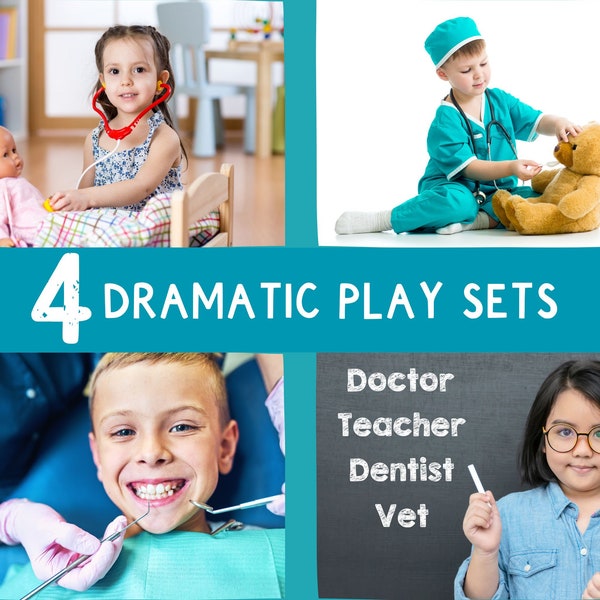 Dramatic Play Saver Bundle x 4 Printables, Pretend Doctor, Hospital, Vet, Dentist, Teacher, Role play, INSTANT DOWNLOAD